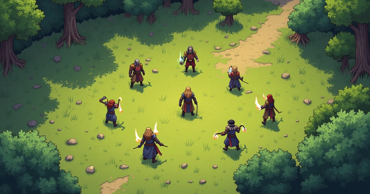 Equipe de Tibia cercando inimigo em área aberta 