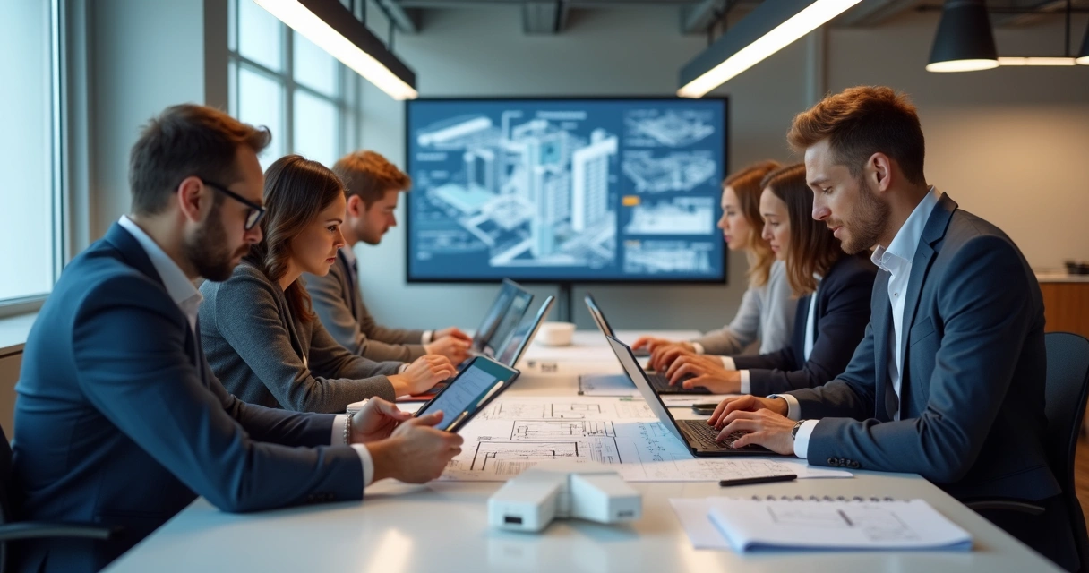Equipe de arquitetos usando tablets e notebooks em sala de reunião moderna. 