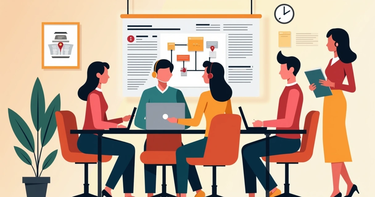 Equipe de assistência técnica reunida em reunião de comunicação interna