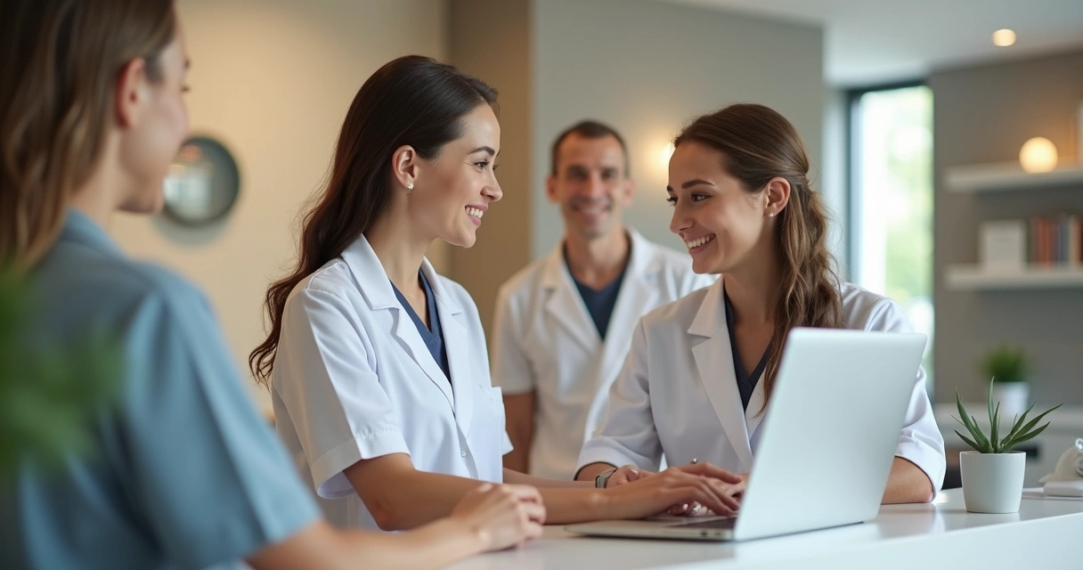Equipe de recepção de clínica premium atendendo paciente em consultório de cirurgia plástica