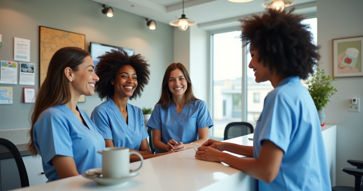 Equipe de clínica odontológica atendendo paciente feliz na recepção 