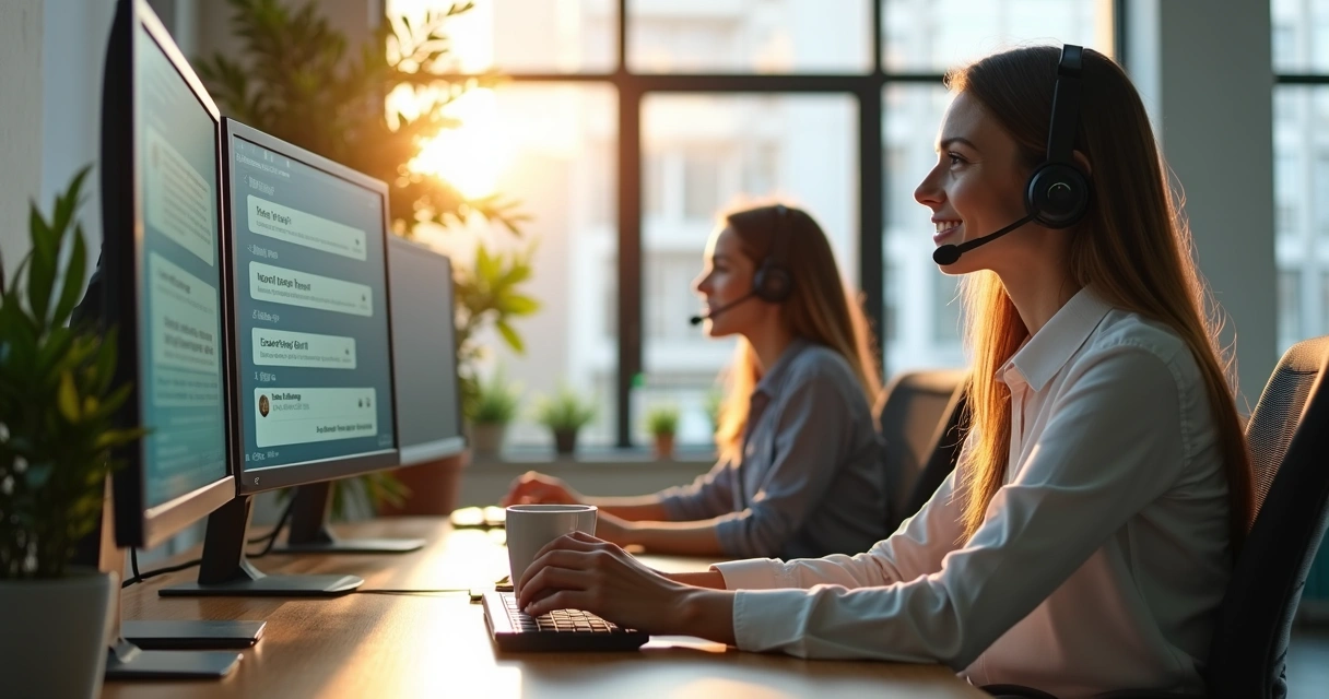 Equipe de atendimento em escritório analisando telas de WhatsApp 