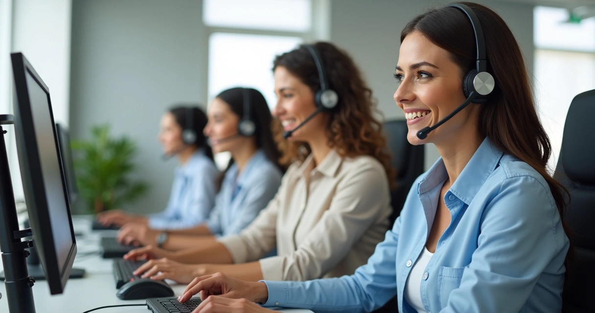 Equipe de atendimento sorrindo enquanto fala ao telefone com clientes 