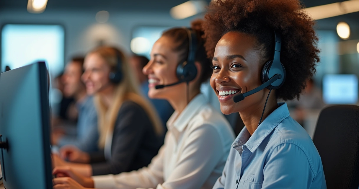 Equipe de atendimento sorrindo em frente a computadores 