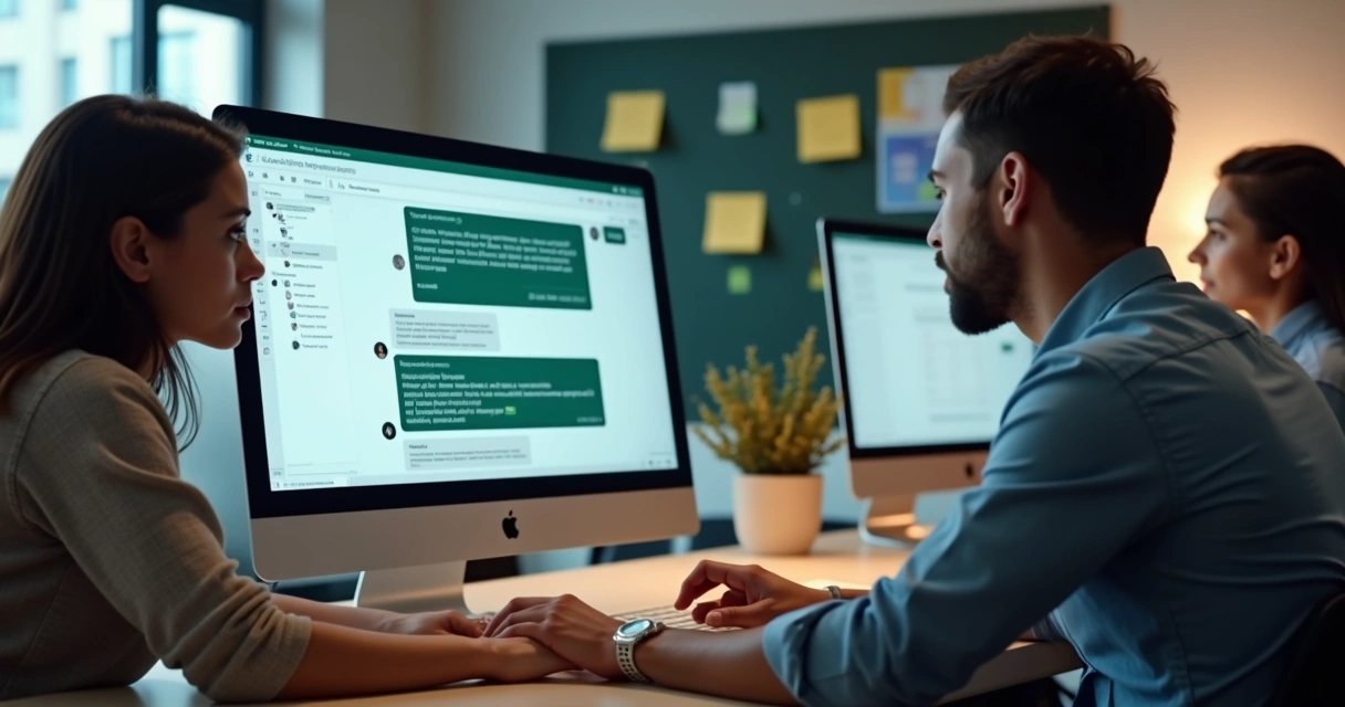 Equipe com computadores e chatbot na tela, mostrando integração humano-bot 