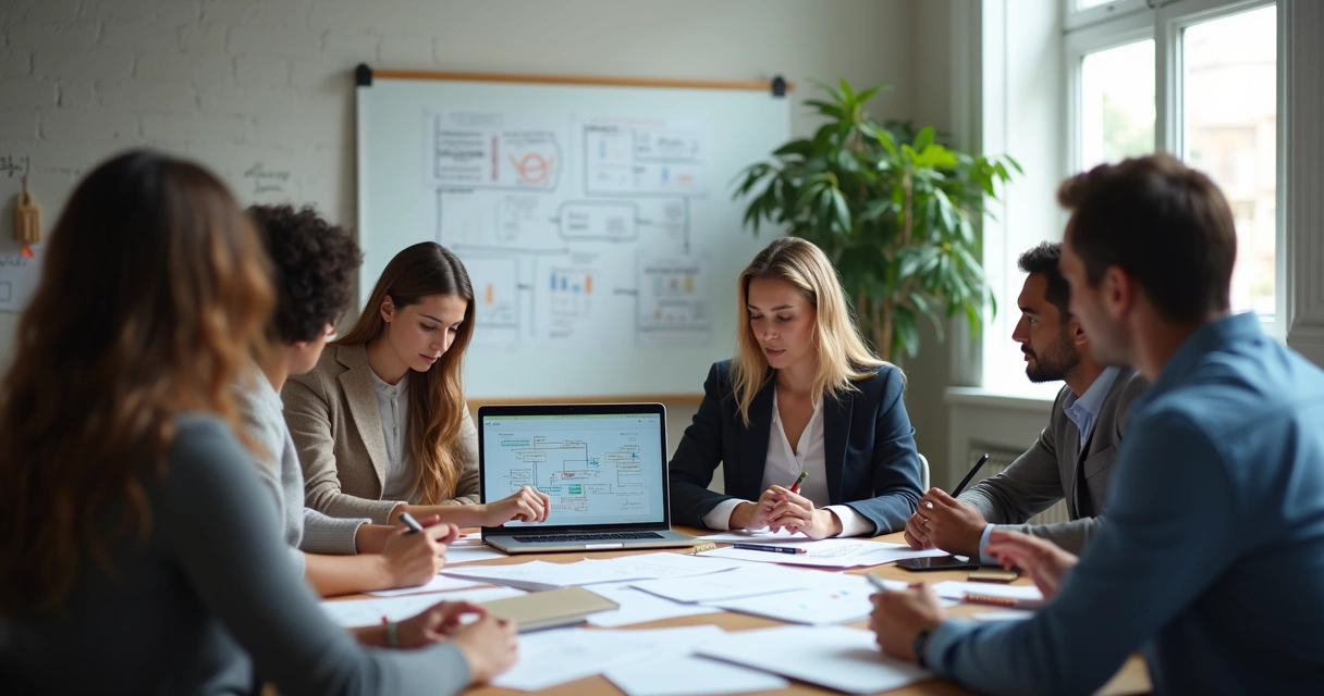Equipe reunida analisando fluxo de atendimento por IA 