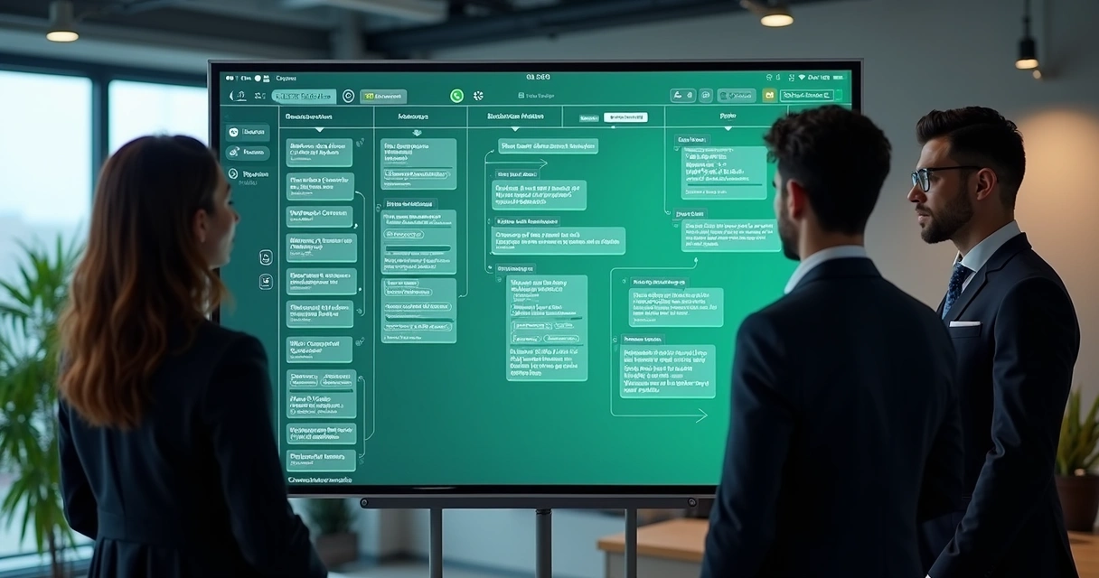 Equipe atendendo em painel Kanban digital com cards de conversas do WhatsApp, mostrando integração de tarefas e métricas, ambiente moderno de escritório empresarial. 