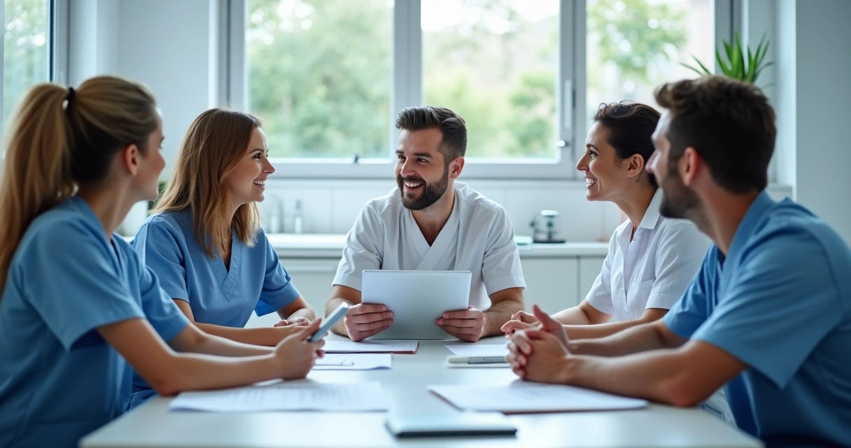 Equipe de clínica odontológica reunida recebendo treinamento prático 