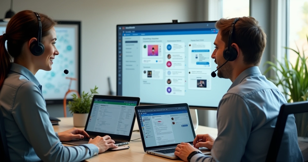 Equipe de atendimento digital usando plataforma do WhatsApp no escritório moderno 