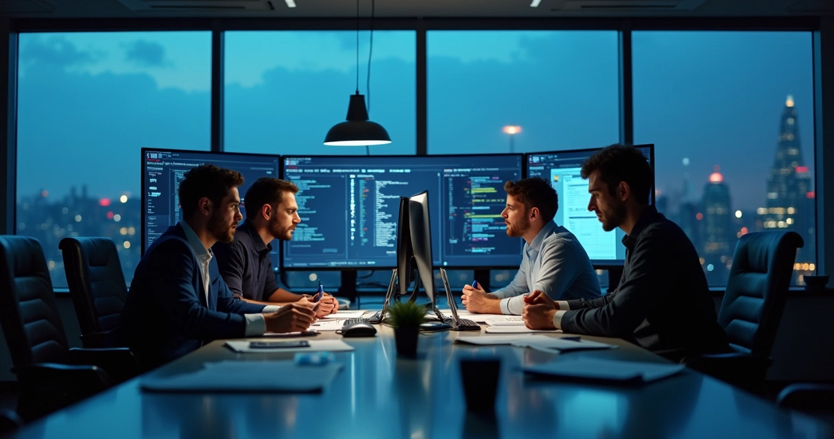 Equipe de auditoria dedicada em frente a monitores com IA 