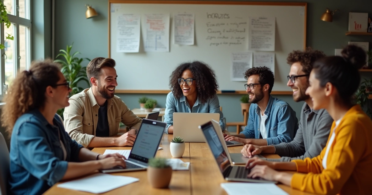 Equipe da empresa conversando e rindo em escritório casual 