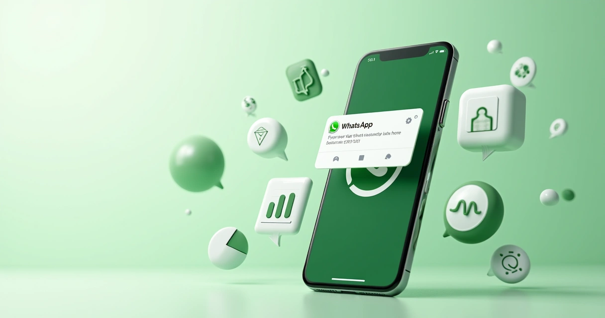 Smartphone recebendo alerta de automação de grupo WhatsApp, com ícones de mensagem e gráficos no fundo 
