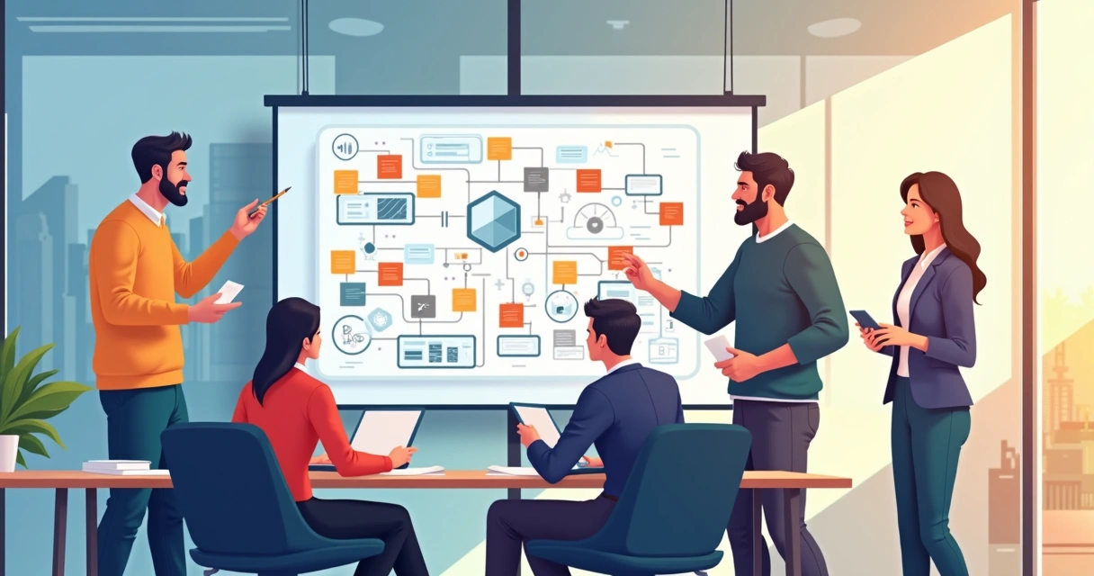 Grupo planejando automação dos processos em quadro branco 