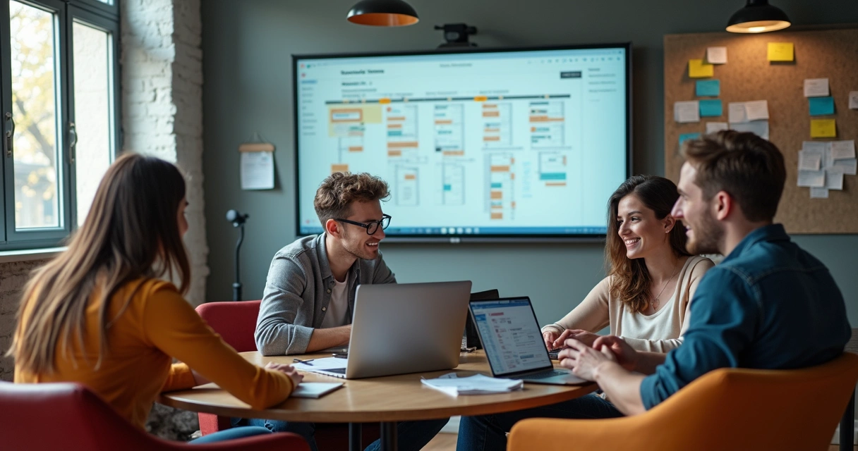 Equipe digital autônoma reunida em discussão