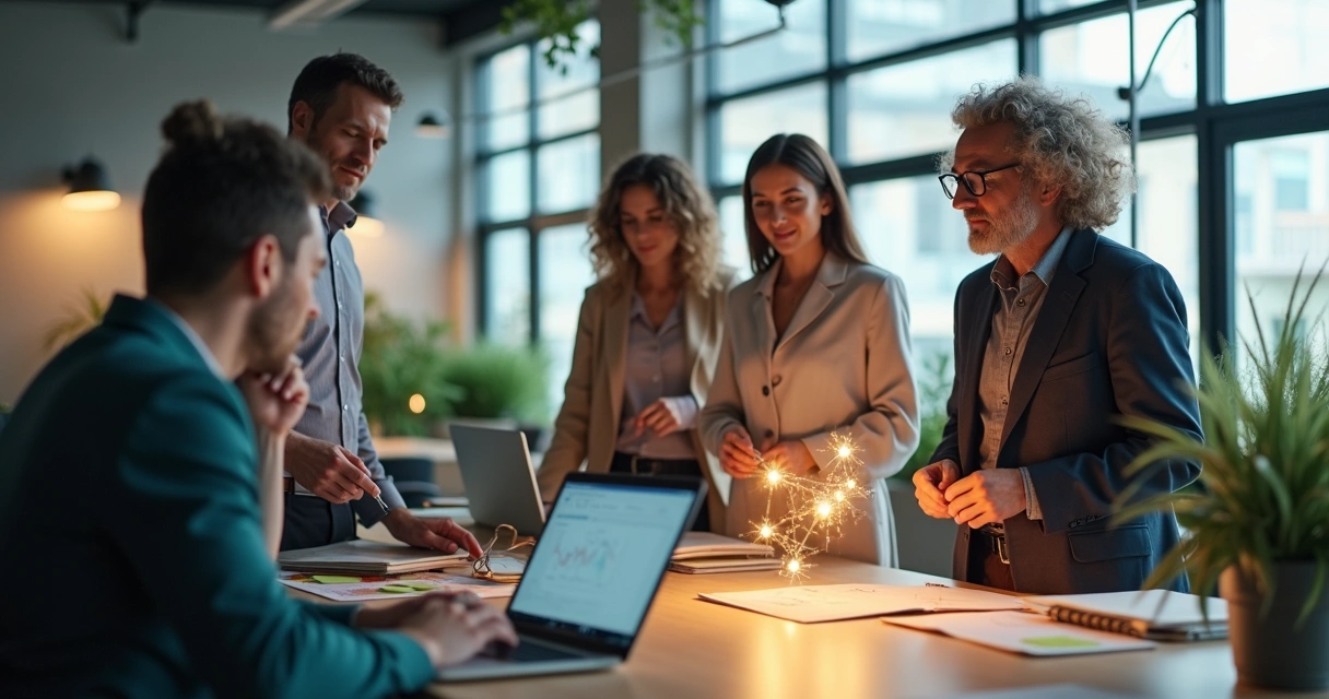 Time em escritório com linha de apoio se dissolvendo entre colegas 
