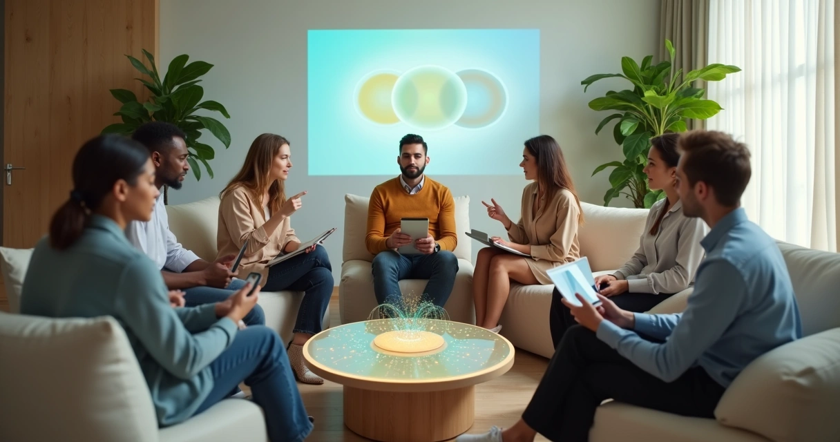 Equipe autônoma sentada em círculo trocando feedback de forma colaborativa 