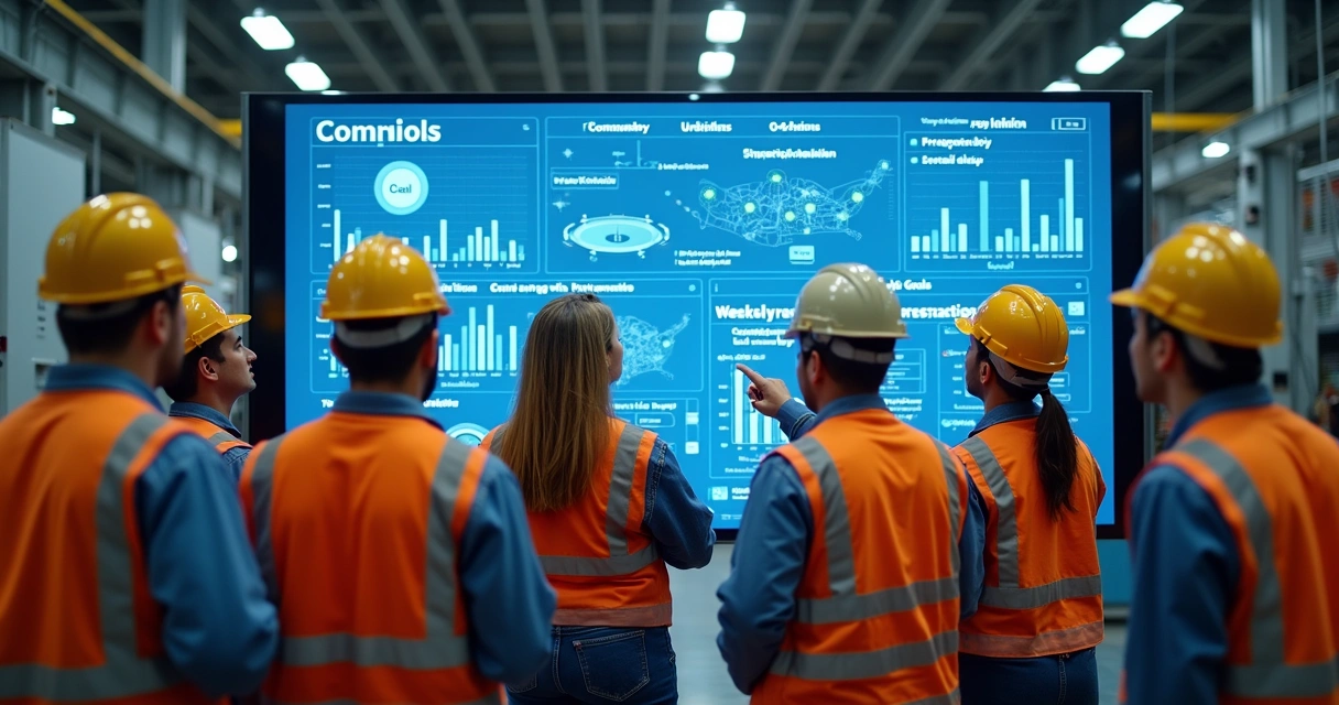 Equipe operacional autônoma em uma fábrica revisando metas em painel digital