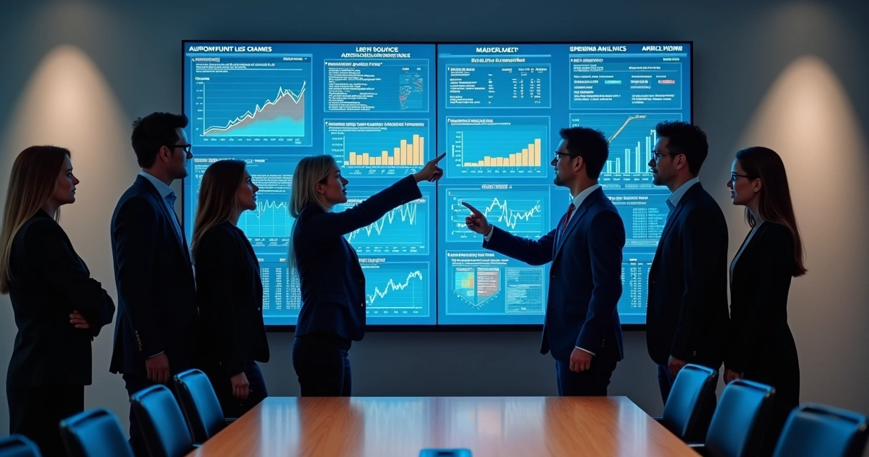 Equipe B2B analisando gráficos de leads e dados em tela grande 