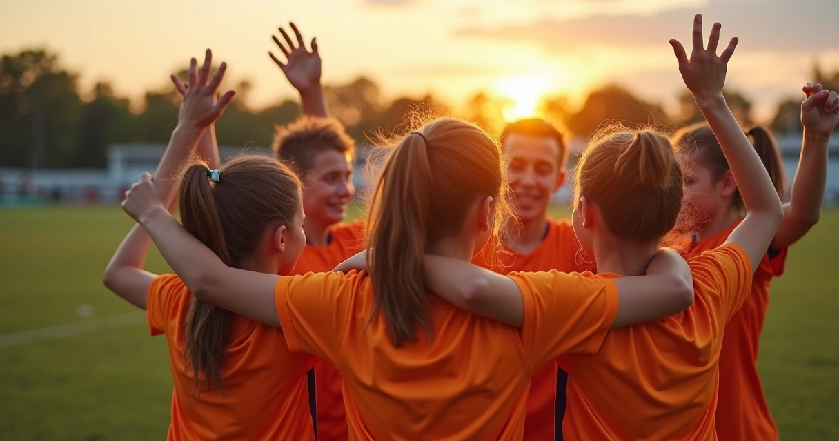 Time jovem comemorando após treino 