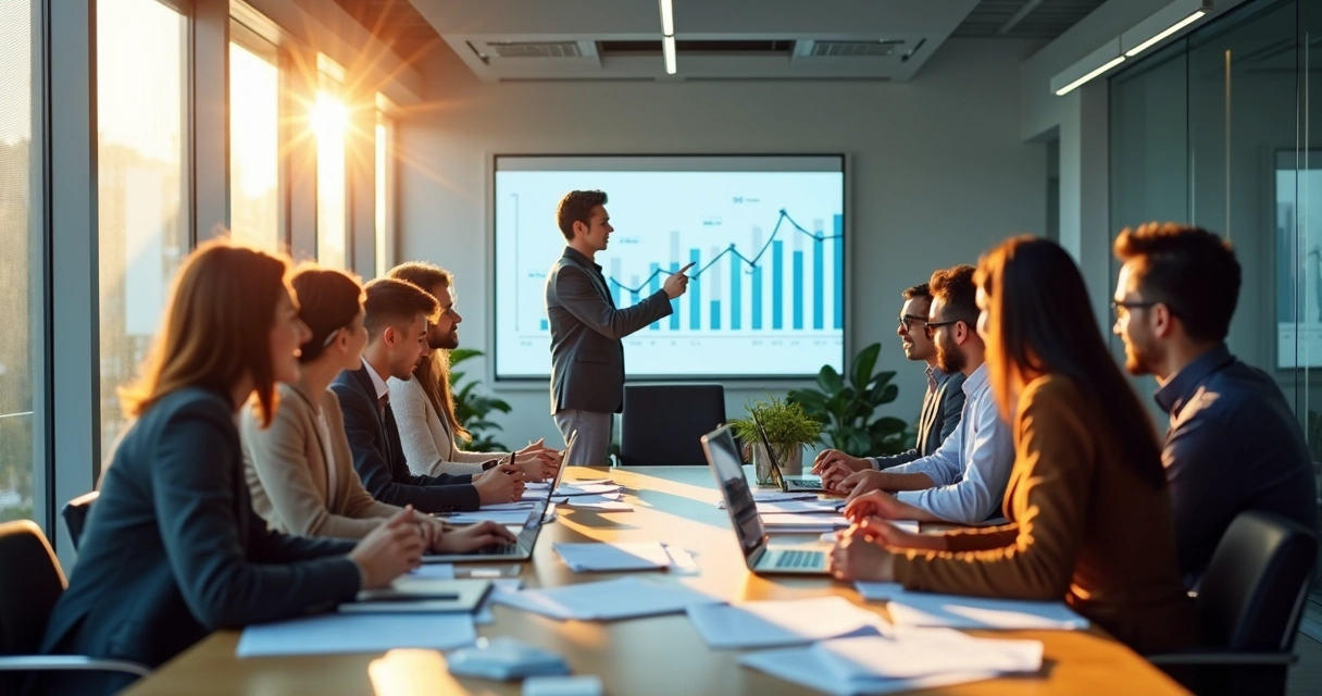 Equipe BPO financeiro em reunião discutindo gráficos e metas 