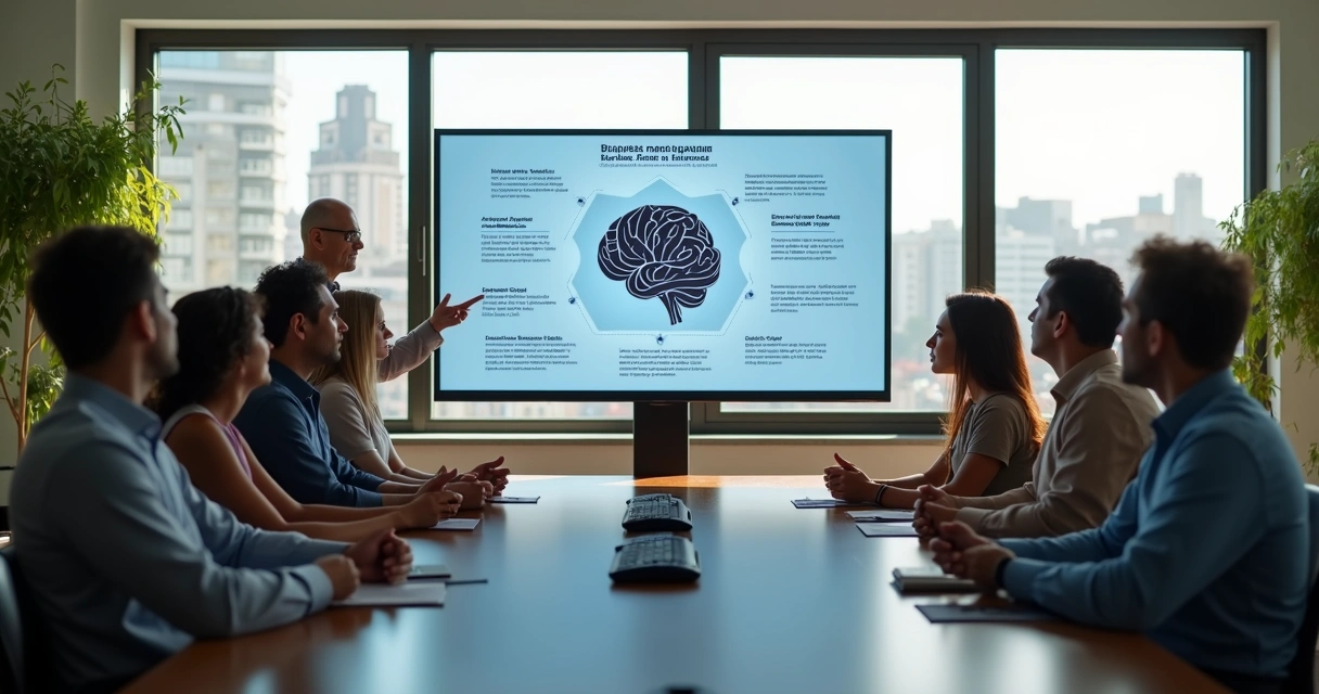 Equipe brasileira ouvindo apresentação de IA em reunião 