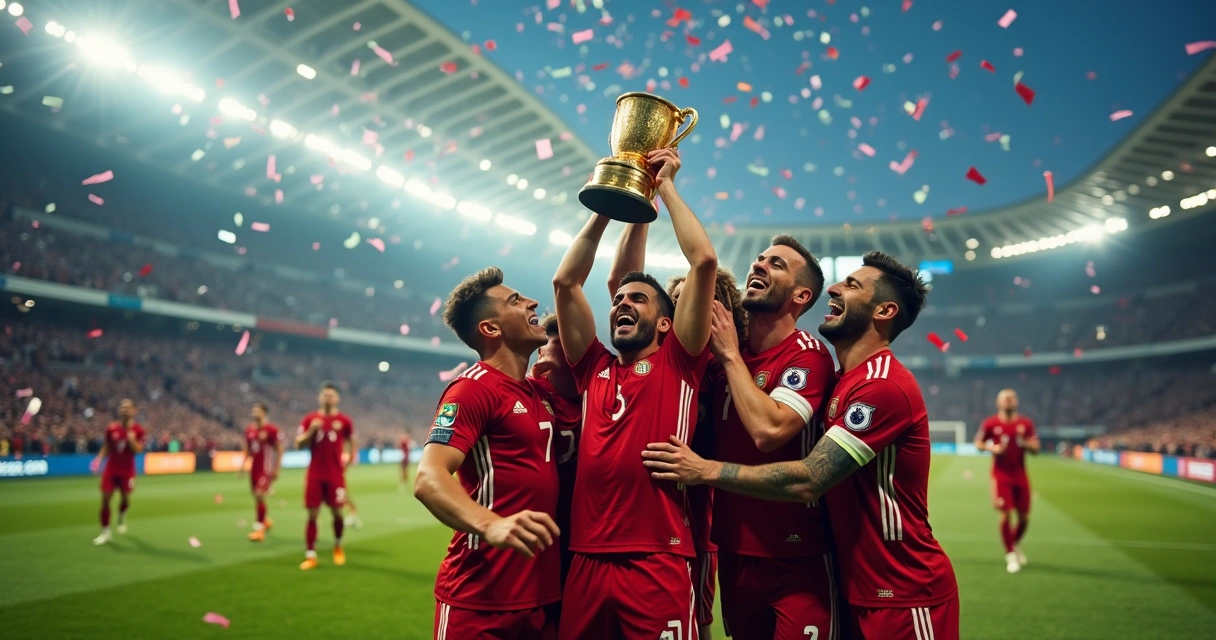 Time de futebol levantando taça comemorando em campo