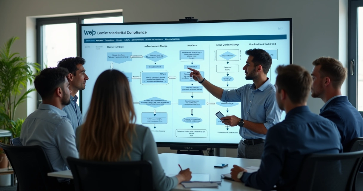Equipe reunida para treinamento digital em compliance