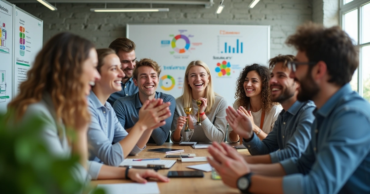 Equipe de tecnologia comemorando conquista coletiva 