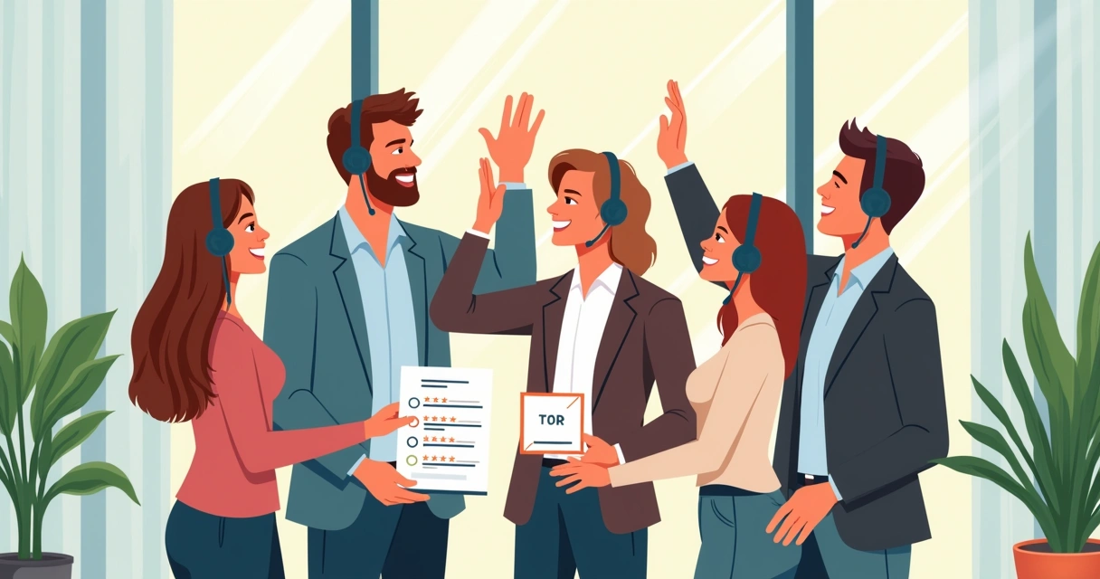 Equipe de atendimento celebrando juntos após um momento de sucesso 