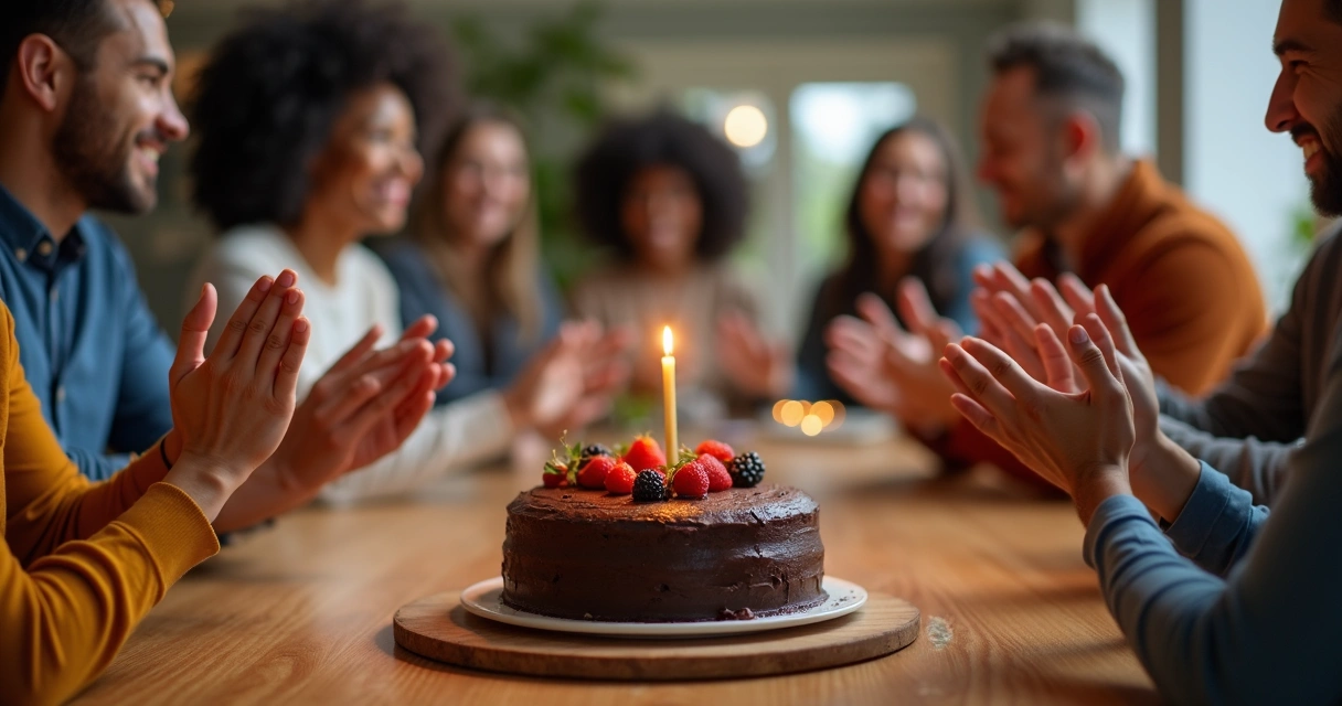 Equipe sorrindo ao redor de um bolo de chocolate artesanal 