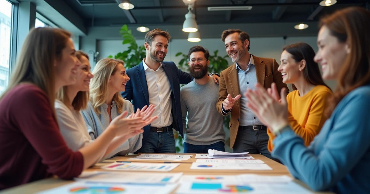 Equipe de trabalho comemorando ao redor de mesa com papéis e gráficos