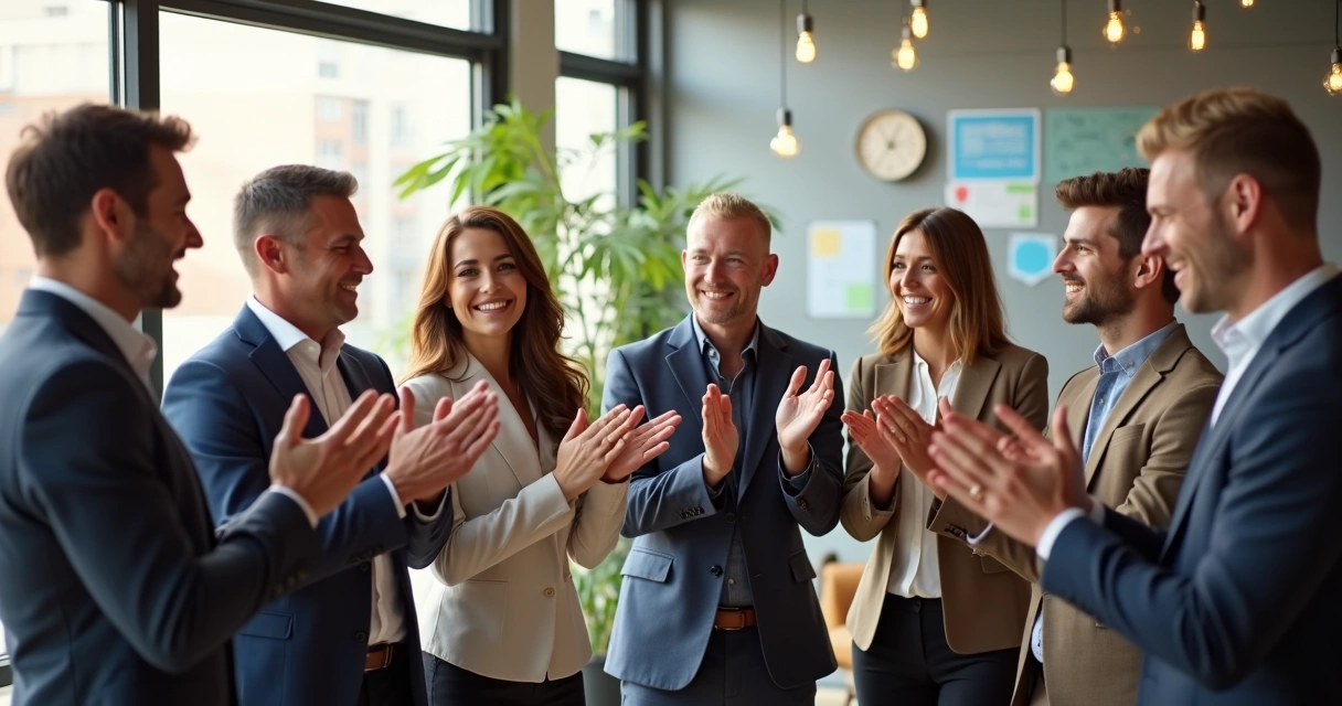 Grupo de profissionais comemorando juntos em um escritório