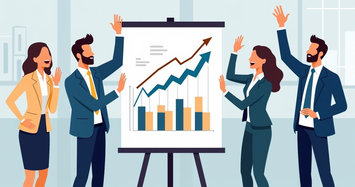 Equipe de PME comemorando ao redor de quadro branco com gráficos de resultados positivos 