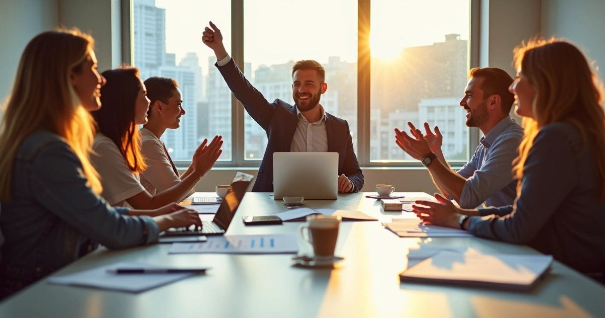 Equipe celebrando resultados em sala de reunião 
