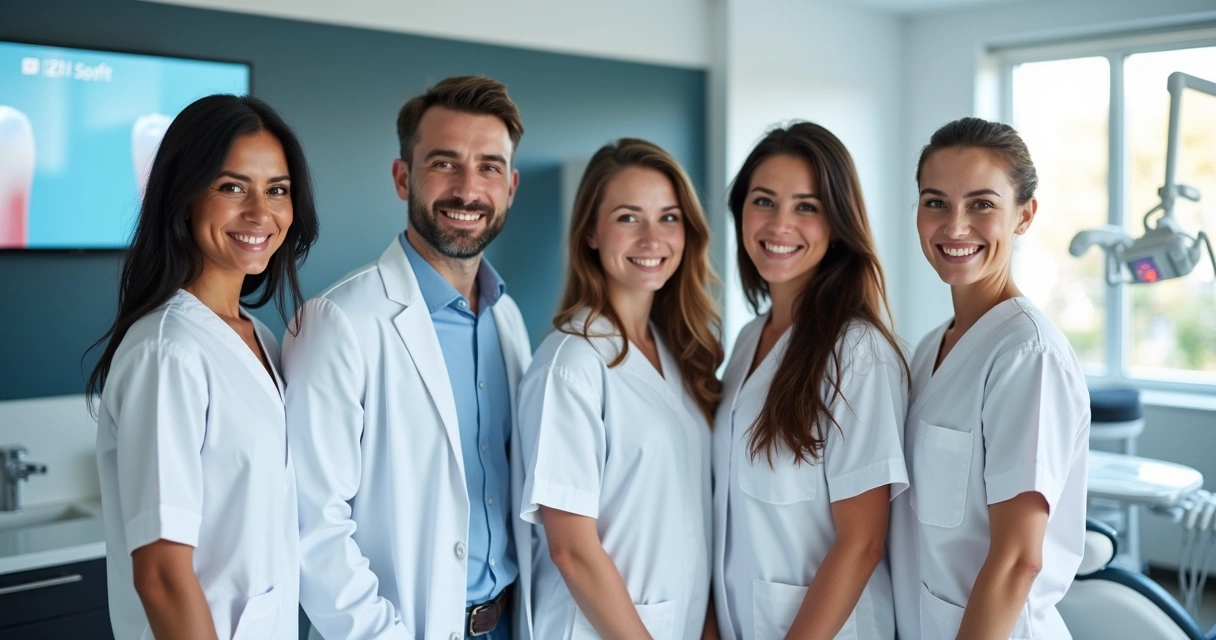 Equipe odontológica sorrindo em consultório moderno 