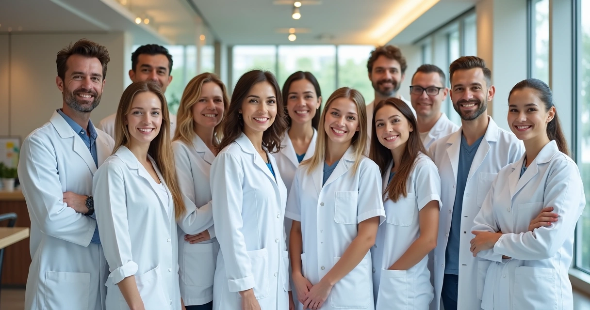 Equipe de clínica odontológica sorrindo com jalecos e instrumentos 