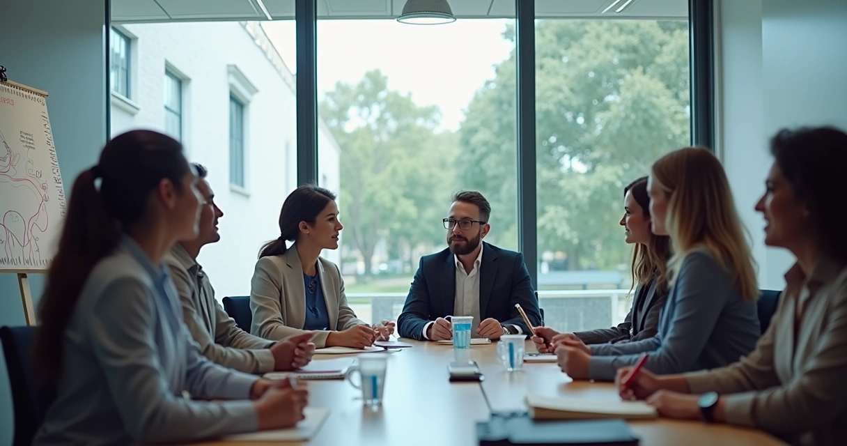 Equipe de clínica odontológica reunida para discutir marketing digital