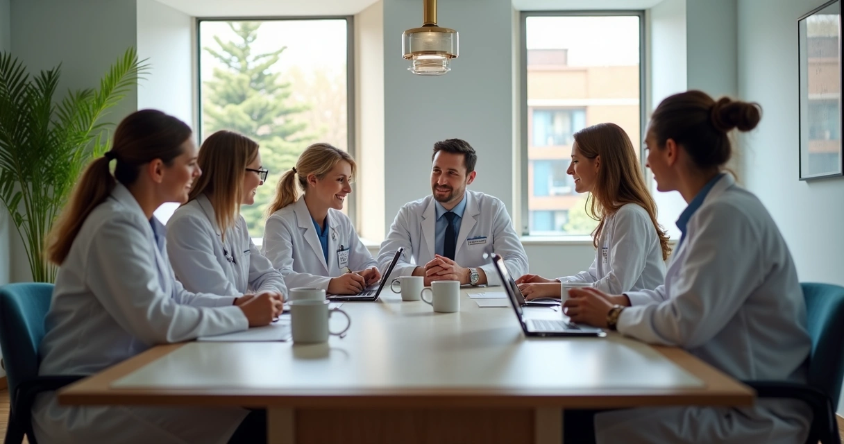Equipe de clínica em ambiente moderno discutindo estratégias de reengajamento