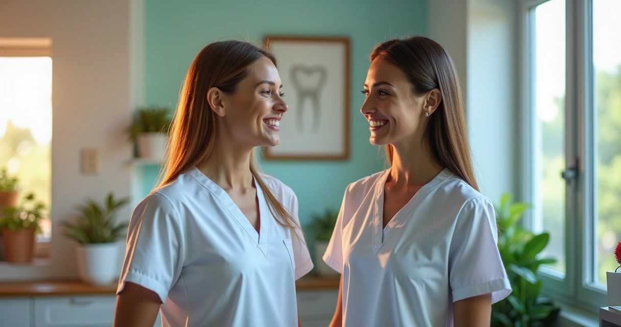 Equipe de clínica odontológica sorrindo durante intervalo 