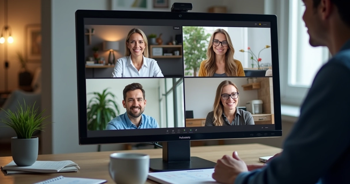 Equipe de Closers Digitais em videoconferência de trabalho remoto. 