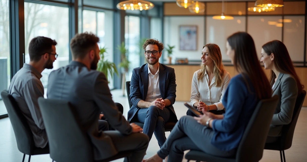 Colaboradores de um escritório trocando ideias em roda. 