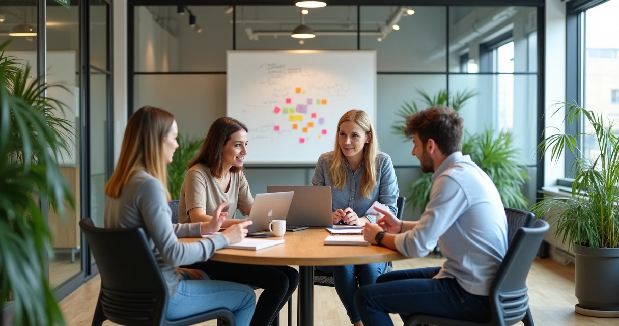 Pequeno time reunido em coworking moderno 