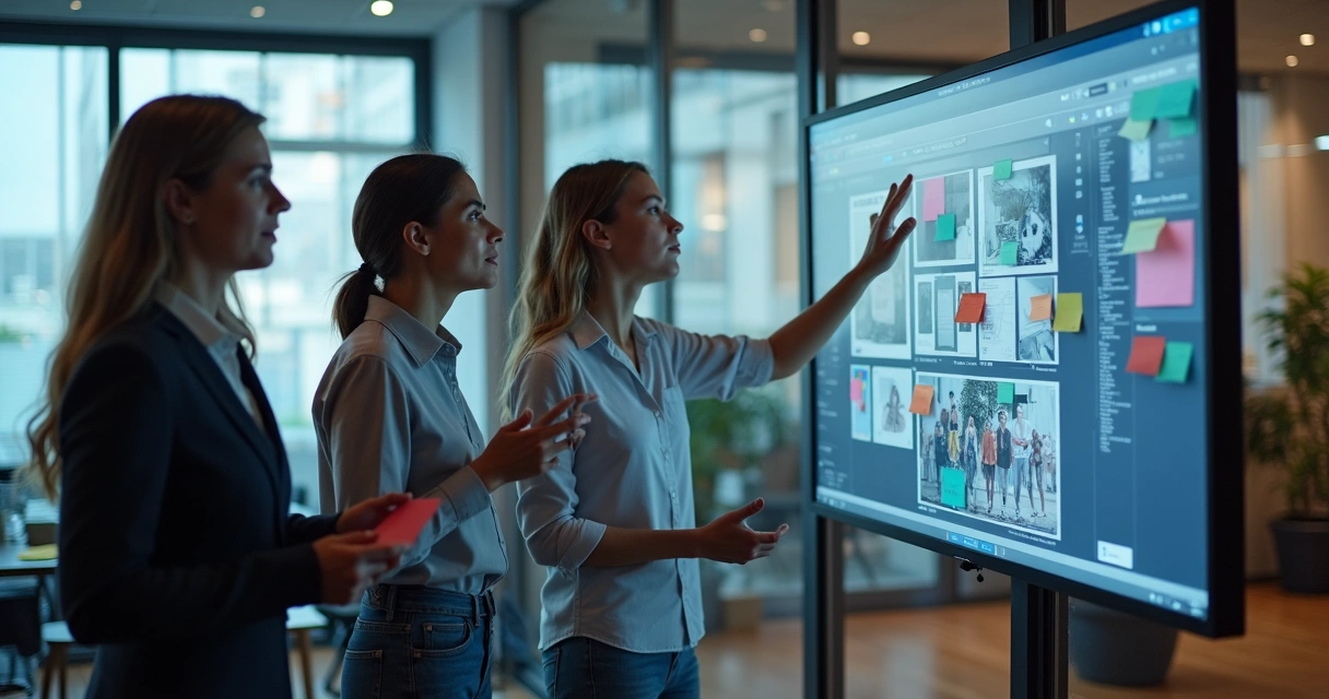 Equipe colaborando em frente a telas com design system 