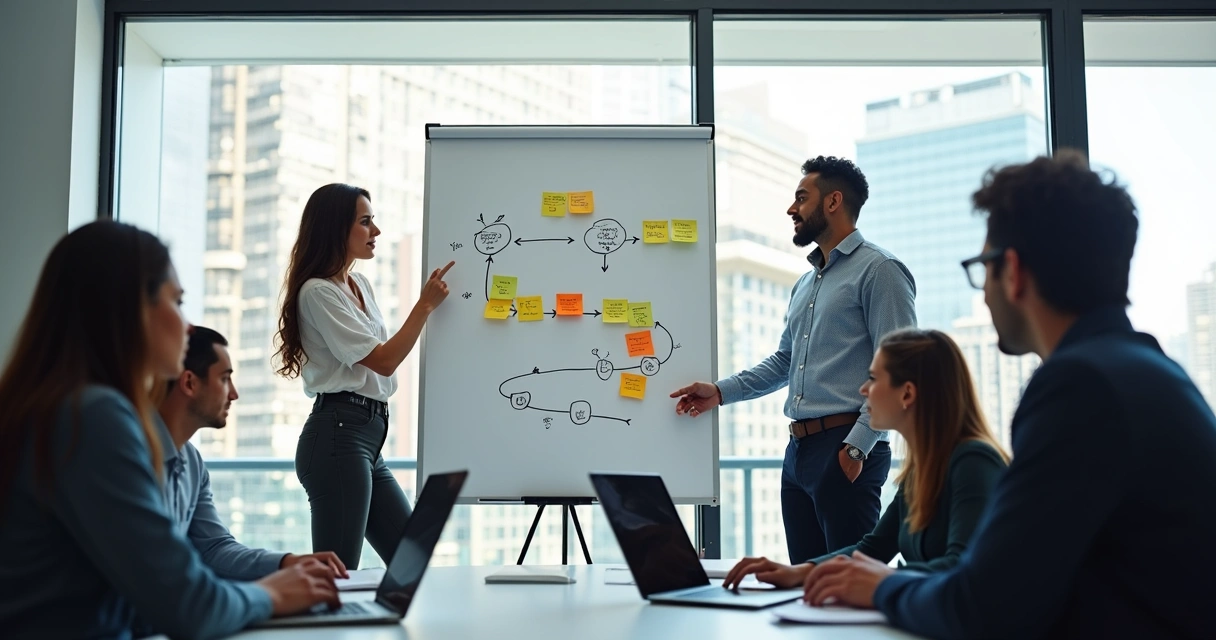 Equipe colaborando em frente a um quadro com pipeline CI/CD desenhado 