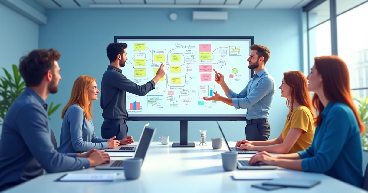 Colaboradores interagindo em ambiente digital colaborativo 