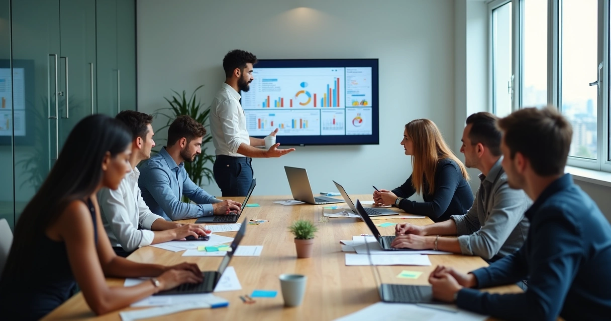 Colaboradores discutindo estratégias organizacionais em sala de reunião 