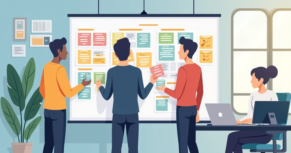 Três pessoas planejando tarefas num quadro em escritório. 