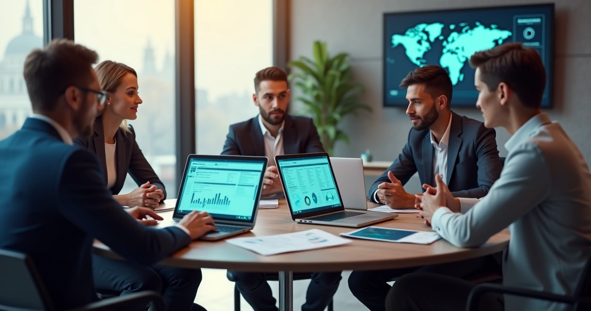 Equipe reunida em mesa redonda colaborando com relatórios Power BI em laptops 