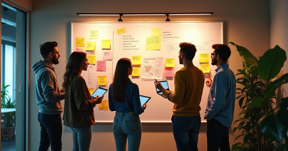 Equipe em escritório colaborando em painel de tarefas de vídeos 