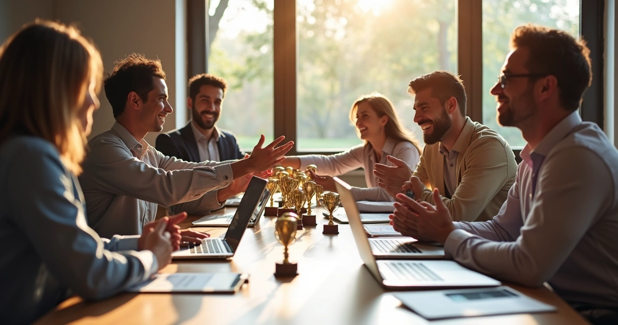 Equipe comemorando fidelização de clientes ao redor de mesa 